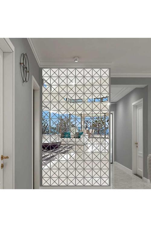 Üçgen 3D Ayna Çıkartmaları 60'Lı Gümüş Pleksi Duvar Dekorasyon Her Biri 5X9 Cm