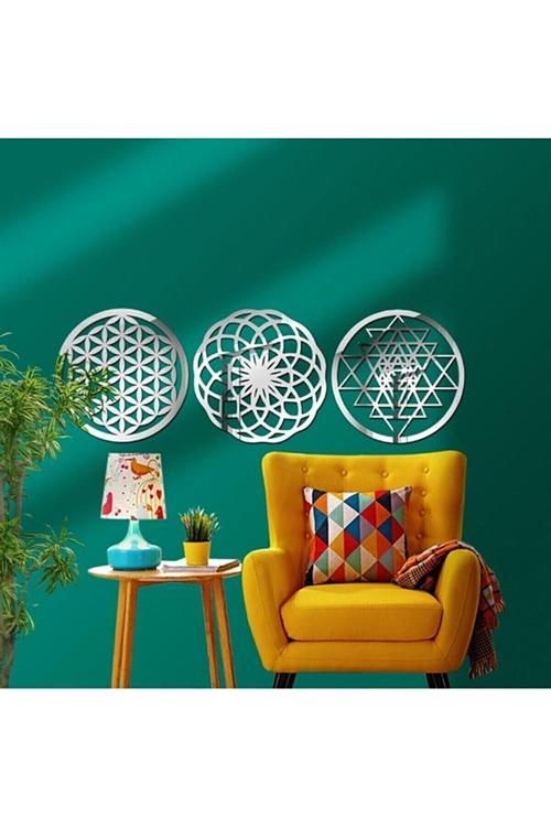 Yaşam Çiçeği Sri Yantra Torus Nefesi Üçlü Gümüş Aynalı Pleksi Dekoratif Tablo Duvar Süsü