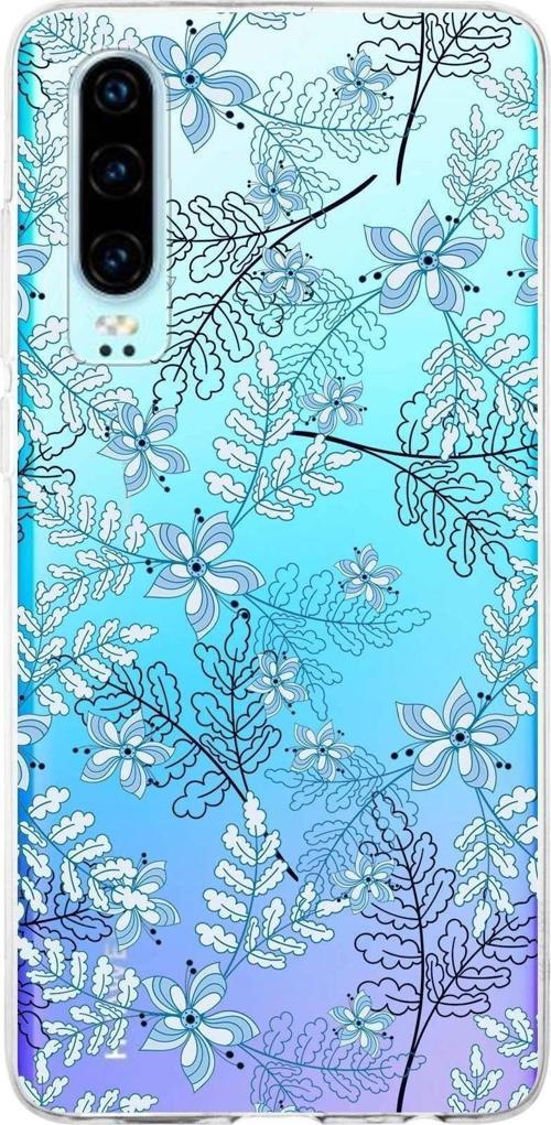 Huawei P30 Uyumlu Kapak Floral Mavi Tasarımlı Şeffaf Silikon Kılıf