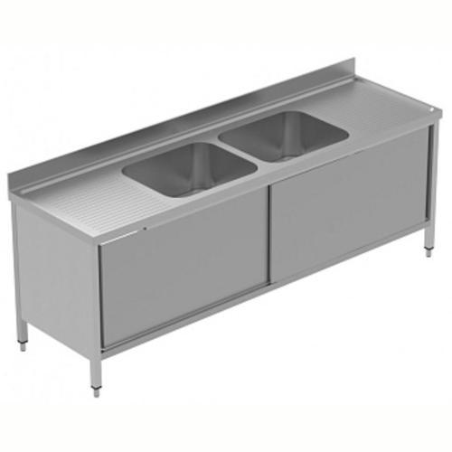 Dolaplı Evyeli Tezgah, 2 Evyeli (600x500 Mm), 2 Damlalıklı, 2 Kayar Kapılı - 2400 Mm, Plus GLG2426P
