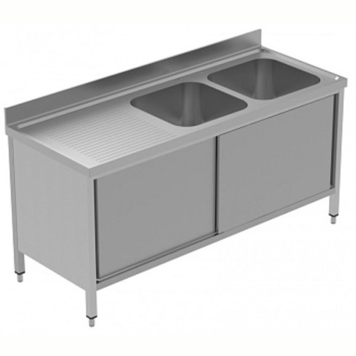Professional Dolaplı Evyeli Tezgah, 2 Evyeli (600x500 Mm), Sol Damlalıklı, 2 Kayar Kapılı - 1800 Mm, Plus GLG1826SXP