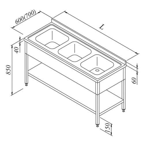 Evyeli Tezgahı 3 Gözlü 3 Perdeli Taban Raflı 190x60 Cm