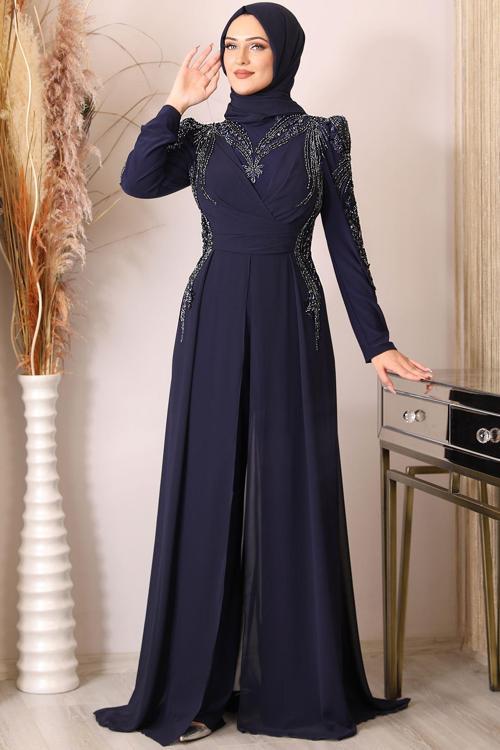 Güneş Boncuk İşlemeli Tesettür Tulum Lacivert
