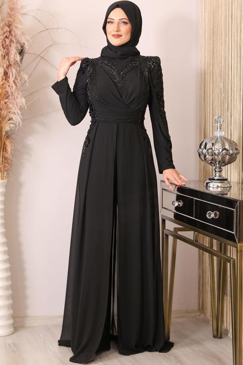 Güneş Boncuk İşlemeli Tesettür Tulum Siyah