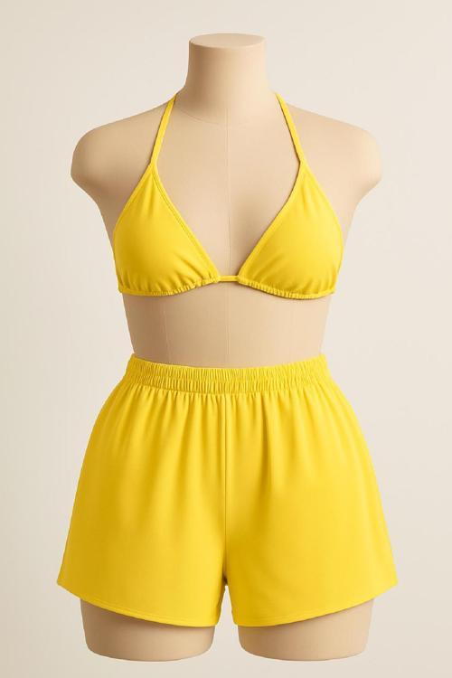 Kadın Sarı Şortlu Belden ve Boyundan Bağlamalı Bikini Takımı
