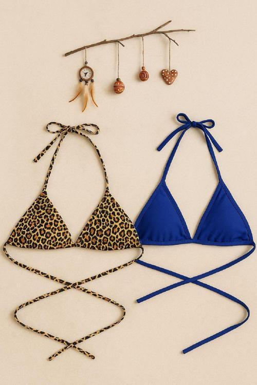 Kadın Leopar Desenli ve Mavi Minimal Kesim Üçgen Bikini Üstü