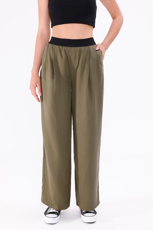 Dökümlü Bol Paça Beli Lastikli Haki Kumaş Pantolon
