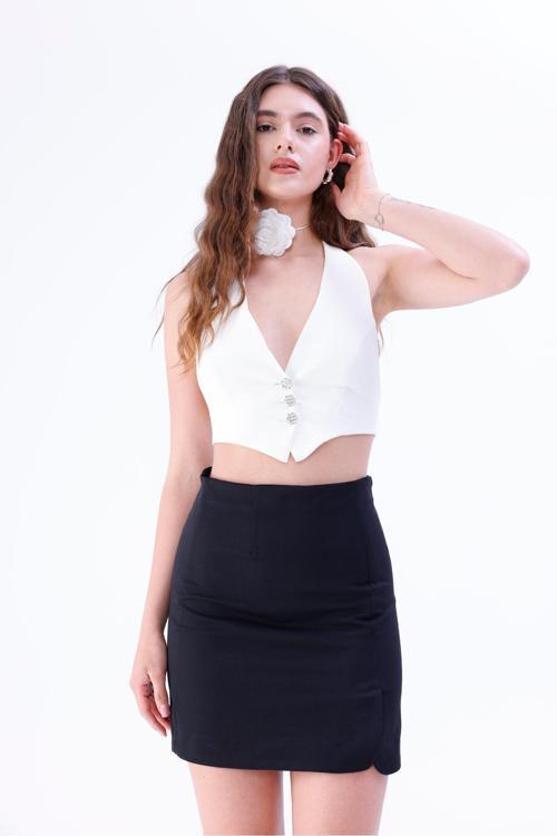 Siyah Düz Kesim Yırtmaç Detaylı Mini Etek
