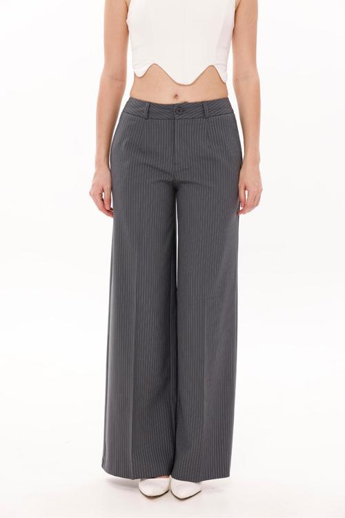 Önden Düğmelı Çizgili Strıght Dikişli Palazo Pantolon