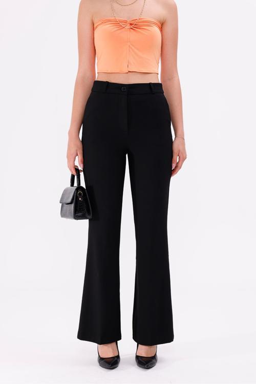 Siyah Ispanyol Paça Kadın Kumaş Pantolon