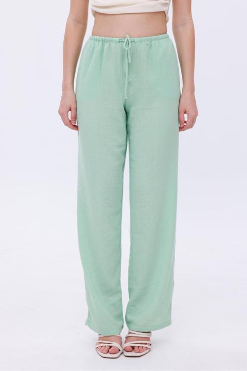 Beli Lastikli Bağcıklı Dokuma Yeşil Pantolon