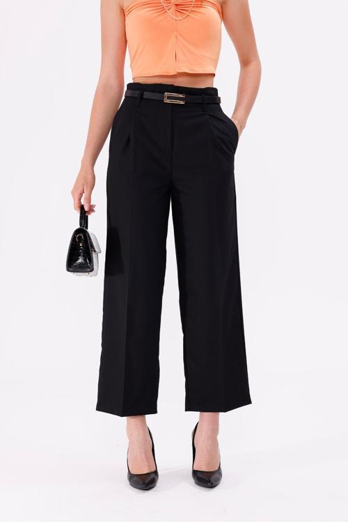 Önden Pileli Siyah Kadın Pantolon