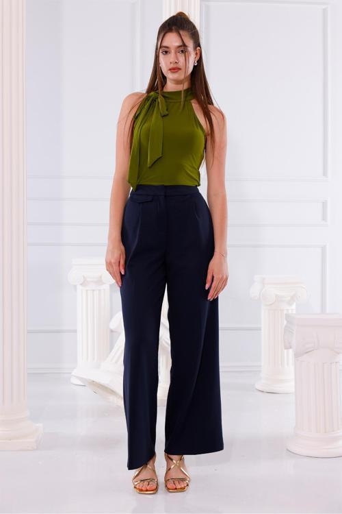 Normal Bel Dokuma Kapaklı Kadın Siyah Pantolon