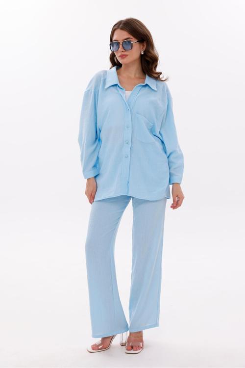 Beli Lastikli , Bağcıkl,Ön Cepli Düşük Omuzlu Keten Görünümlü Gömlek Pantolon Takım