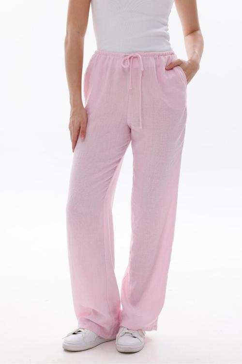 Beli Lastikli Bağcıklı Dokuma Pembe Pantolon
