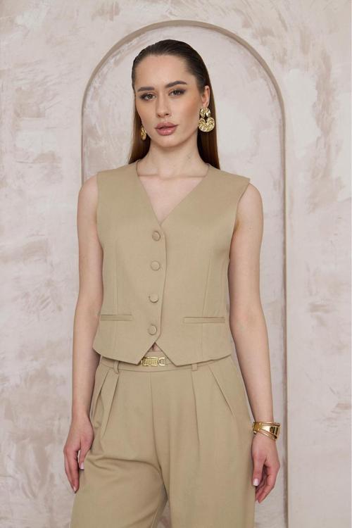 V Yaka Vücuda Oturan Bej Yelek