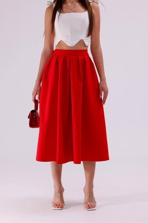 Arka Kemer Lastikli Önden Pileli Etek