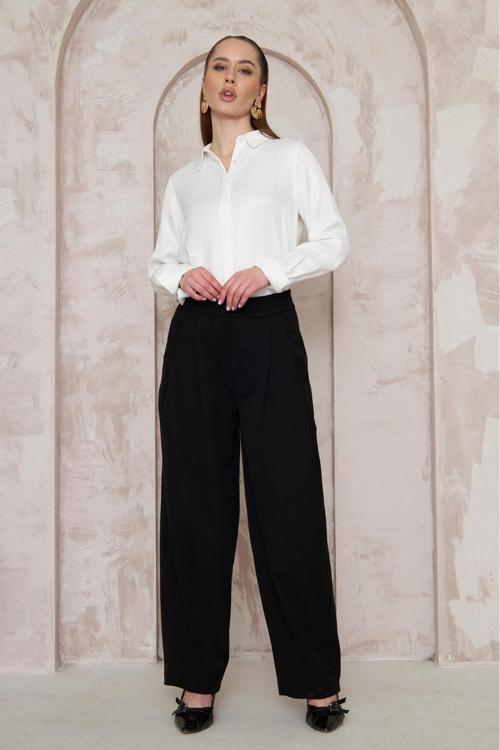 Beli Lastikli Pol Paça Geniş Kesim Siyah Kadın Pantolon