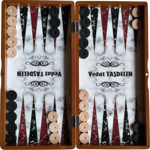 Kişiye Özel Isim (Oymalı) Ahşap Pullu Büyük Boy Tavla Takımı