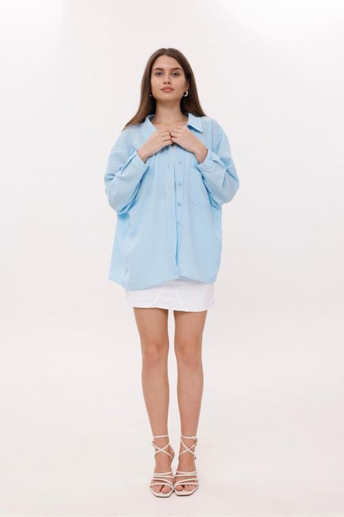 Önden Cepli Düşük Omuz Mavi Gömlek