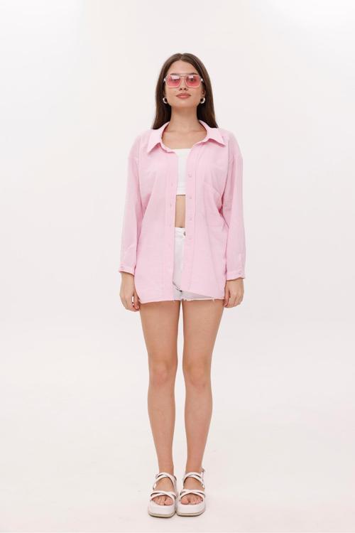 Önden Cepli Düşük Omuz Pembe Gömlek