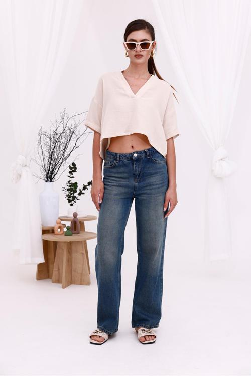 Kısa Kol Önden Patlı Kısa Bluz