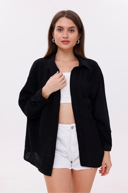 Önden Cepli Düşük Omuz Siyah Gömlek