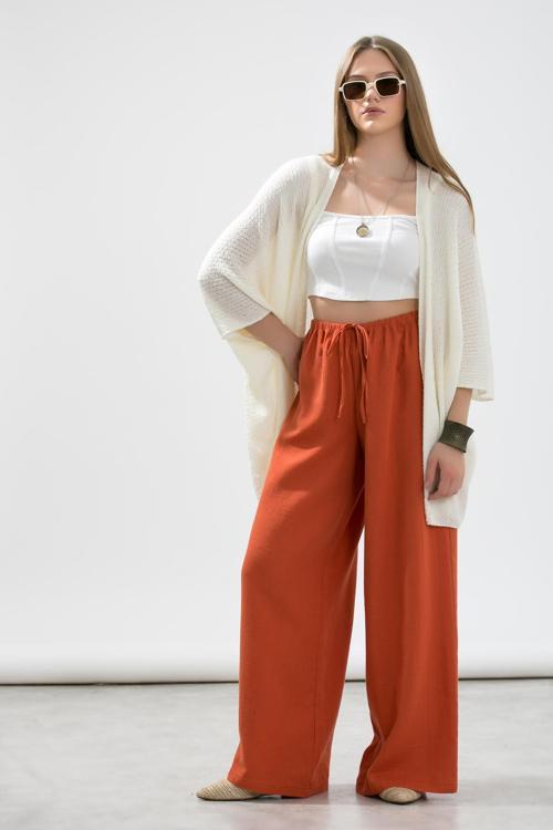 Kemer Lastikli Ve Bağcıklı Geniş Paça Müslin Pantolon