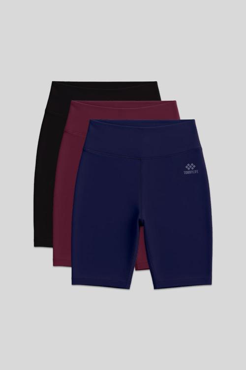 Slim Fit 3lü Paket Siyah-İndigo-Bordo Kadın Kısa Biker Tayt - 91007