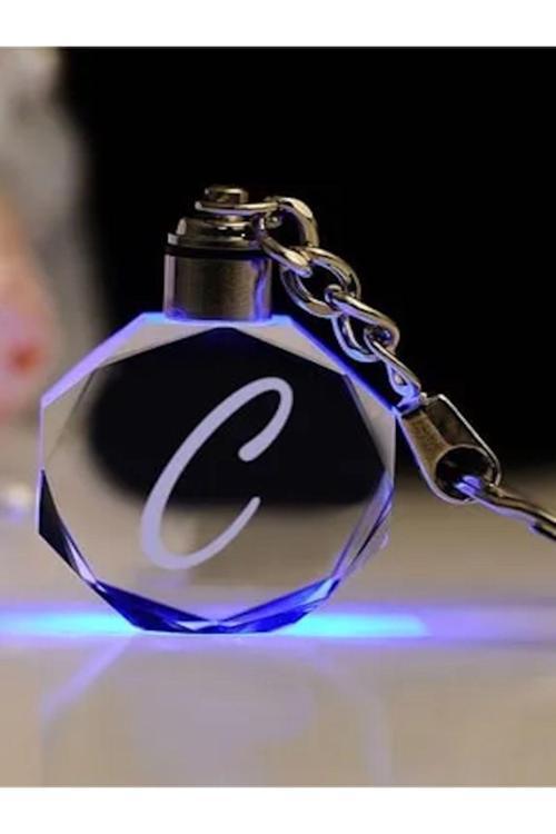 C Harf 7 Renk Led Işıklı Anahtarlık Harfli İsimli Anahtarlık Kristal Araba Aksesuar+Yedek Pil Hediye
