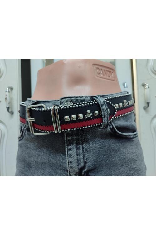 Çift Renk Piramitli Kuru Kafalı Boncuk Zincir Dikişli Kemer