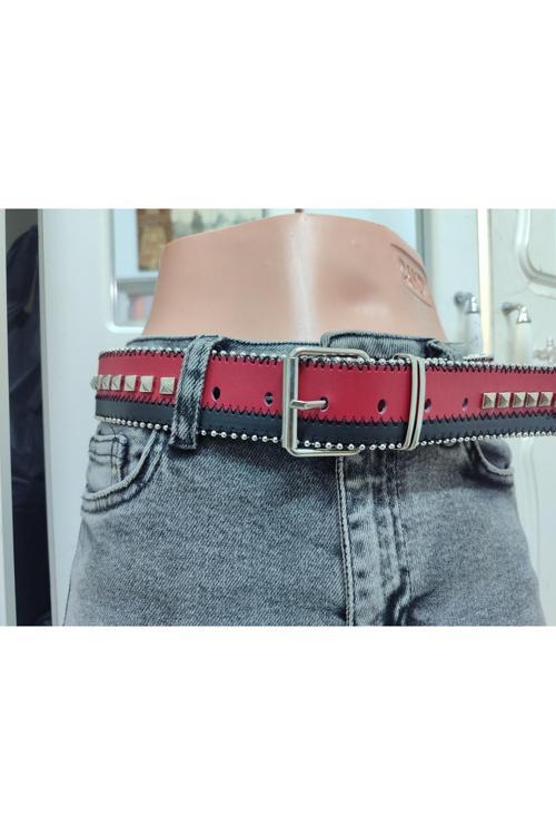 Kırmızı Siyah Boncuk Zincir Dikişli Piramitli Özel Tasarım Kemer