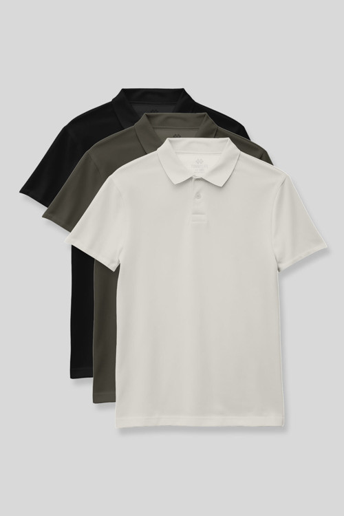 Standart Fit Basic Polo Yaka 3lü Paket Siyah-Haki-Ekru Unisex Çocuk T-Shirt - 11330