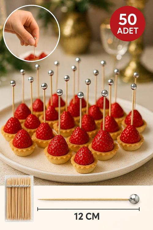 50’li Gümüş Top Başlıklı 12 cm Bambu Kürdan Seti – Kokteyl, Tatlı ve Davet Sunumları İçin Şık Seçim