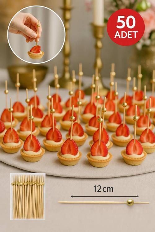 50’li Altın Top Başlıklı 12 cm Bambu Kürdan Seti – Kokteyl, Tatlı ve Davet Sunumları İçin Şık Seçim