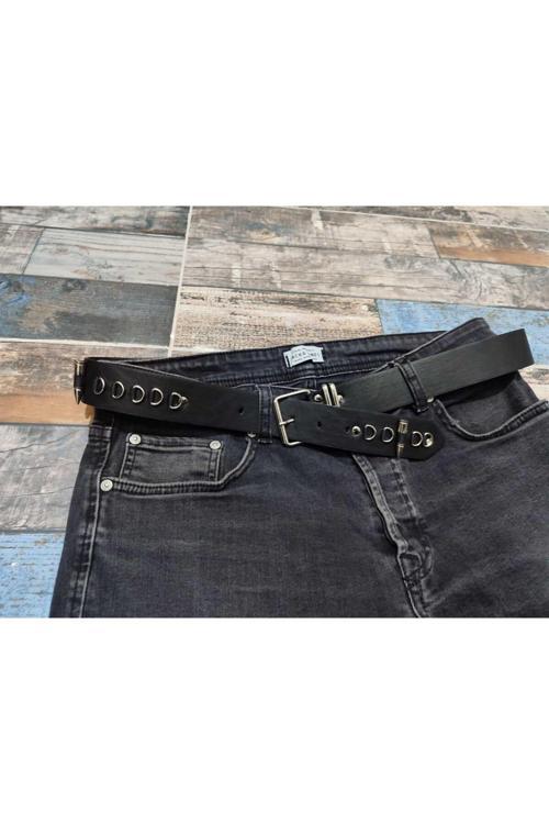 Siyah Halkalı Mermili Suni Deri Kemer