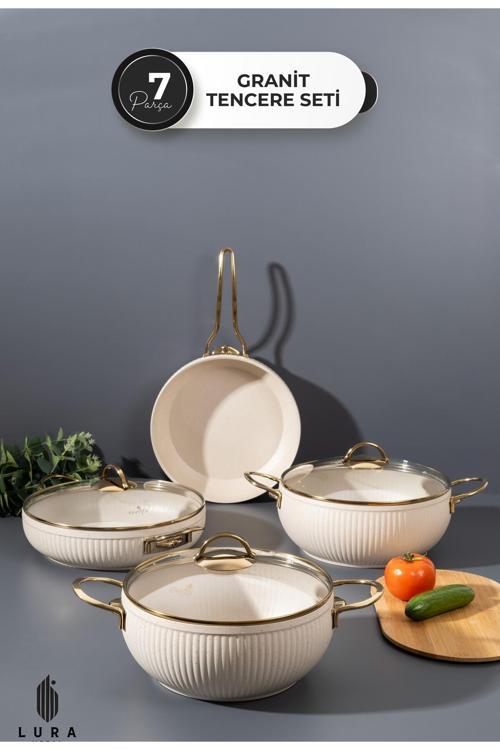 Home 7 Parça Granit Tencere Seti Krem 26 Cm