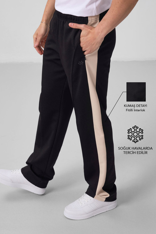 Siyah-Bej Yüzeyi Dokulu Standart Fit Palazzo Erkek Pantolon - 82171