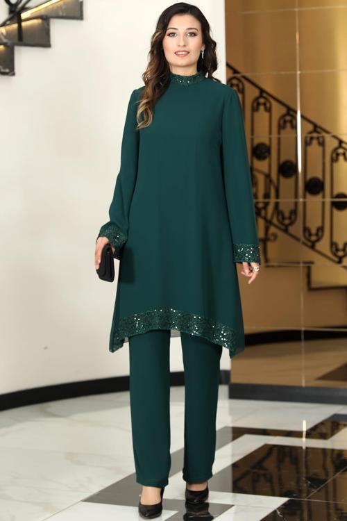 Umay Şifon Tunik Pantolon İkili Tesettür Takım Zümrüt