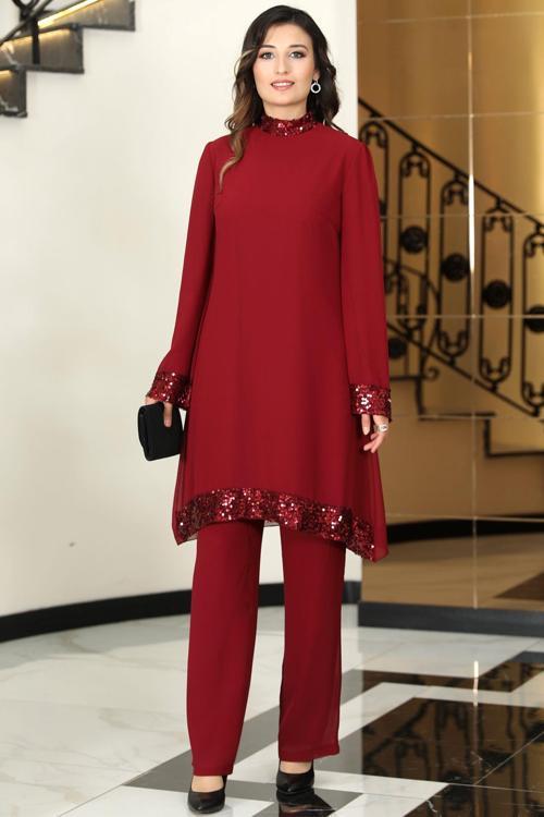 Umay Şifon Tunik Pantolon İkili Tesettür Takım Bordo