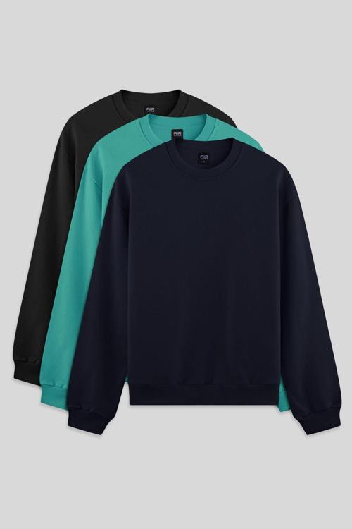 Standart Fit Basic O Yaka 3lü Paket Siyah-Lacivert-Deniz Yeşili Erkek Sweatshirt - 88363