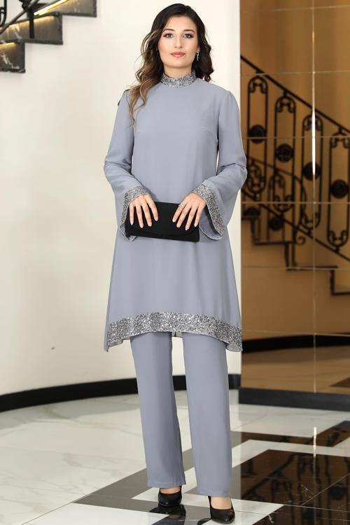 Umay Şifon Tunik Pantolon İkili Tesettür Takım Gri
