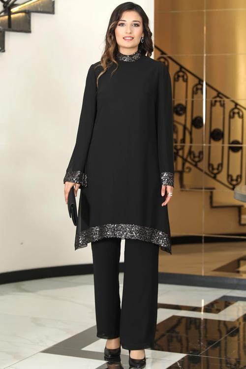 Umay Şifon Tunik Pantolon İkili Tesettür Takım Siyah