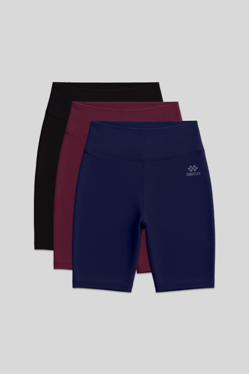 Slim Fit 3lü Paket Siyah-İndigo-Bordo Kadın Kısa Biker Tayt - 91007