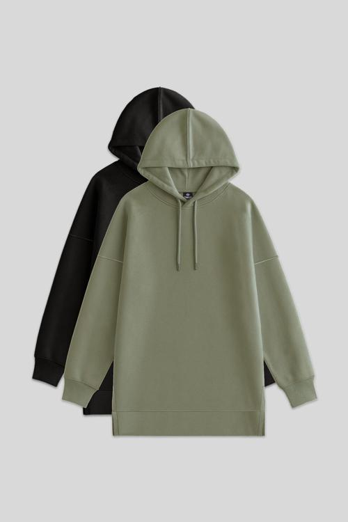 Oversize Kapüşonlu 2li Paket Siyah-Çağla Kadın Tunik Sweatshirt - 97242