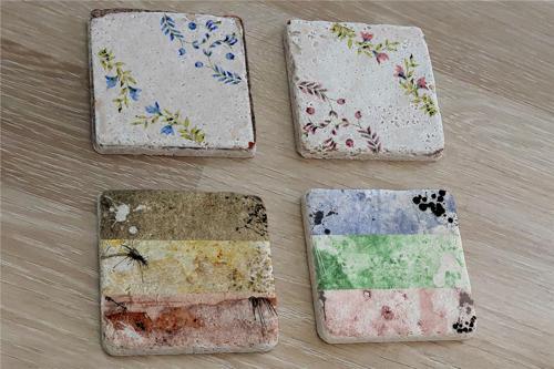 Çiçekli Desenler Doğal Taş Bardak Altlığı 4'lü set - Natural Stone Coasters