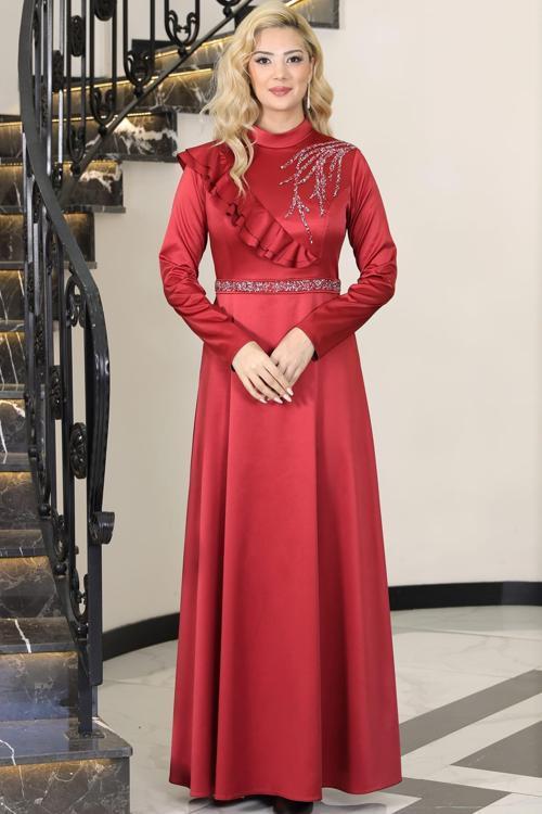 Ada Saten Taşlı Tesettür Abiye Bordo
