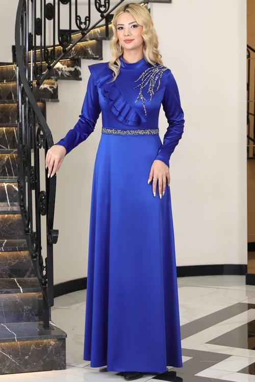 Ada Saten Taşlı Tesettür Abiye Saks