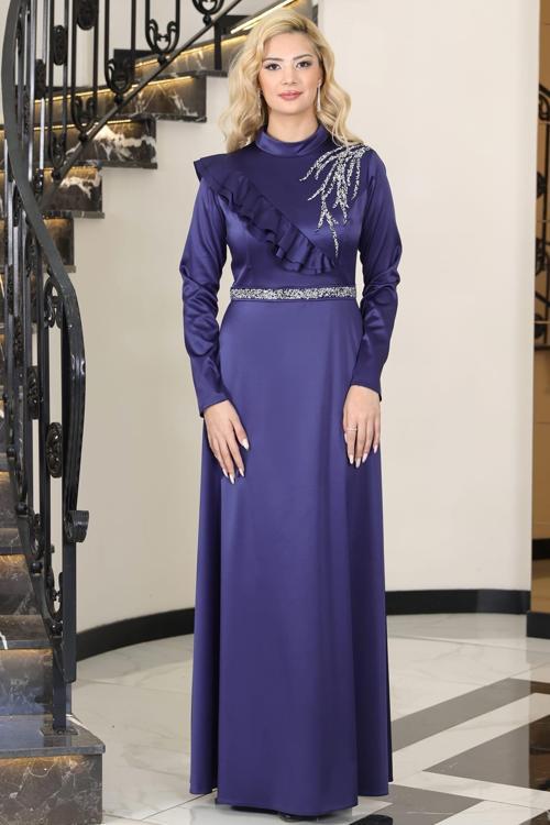 Ada Saten Taşlı Tesettür Abiye Lacivert