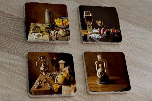 Eski Objeler Natürmort Doğal Taş Bardak Altlığı 4'lü set - Natural Stone Coasters